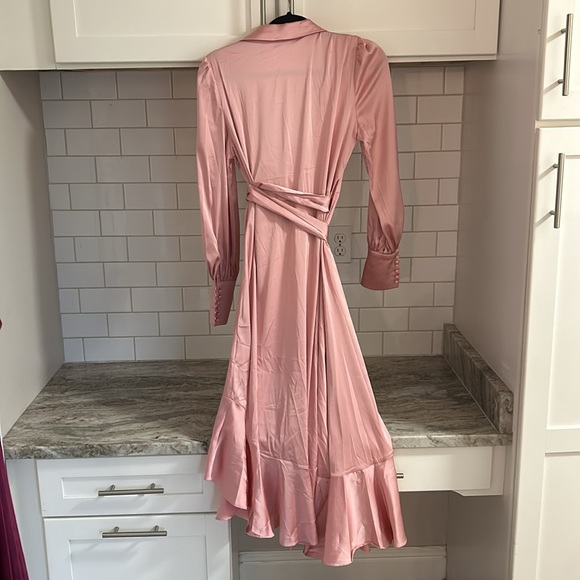 SHEIN Long Sleeve satin ruffle trim wrap dress, light pink, SZ Medium - Picture 2 of 4